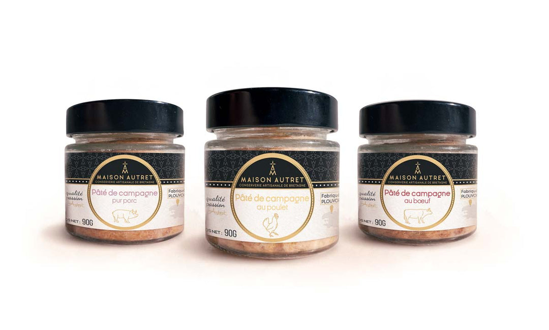 Planche gourmande de 3 pâtés de campagne de la Maison Autret, 3 x 90 gr, couteau et planche en bois